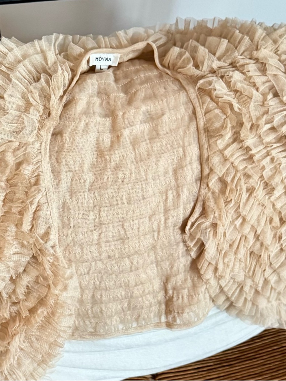 Moyna Sheer Ruffled Shrug in Nude Blush